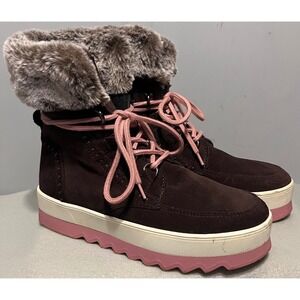Cougar Women Vanetta Brown Suede Faux Fur Trim Winter Boots Pink Sawtooth Sole 8
